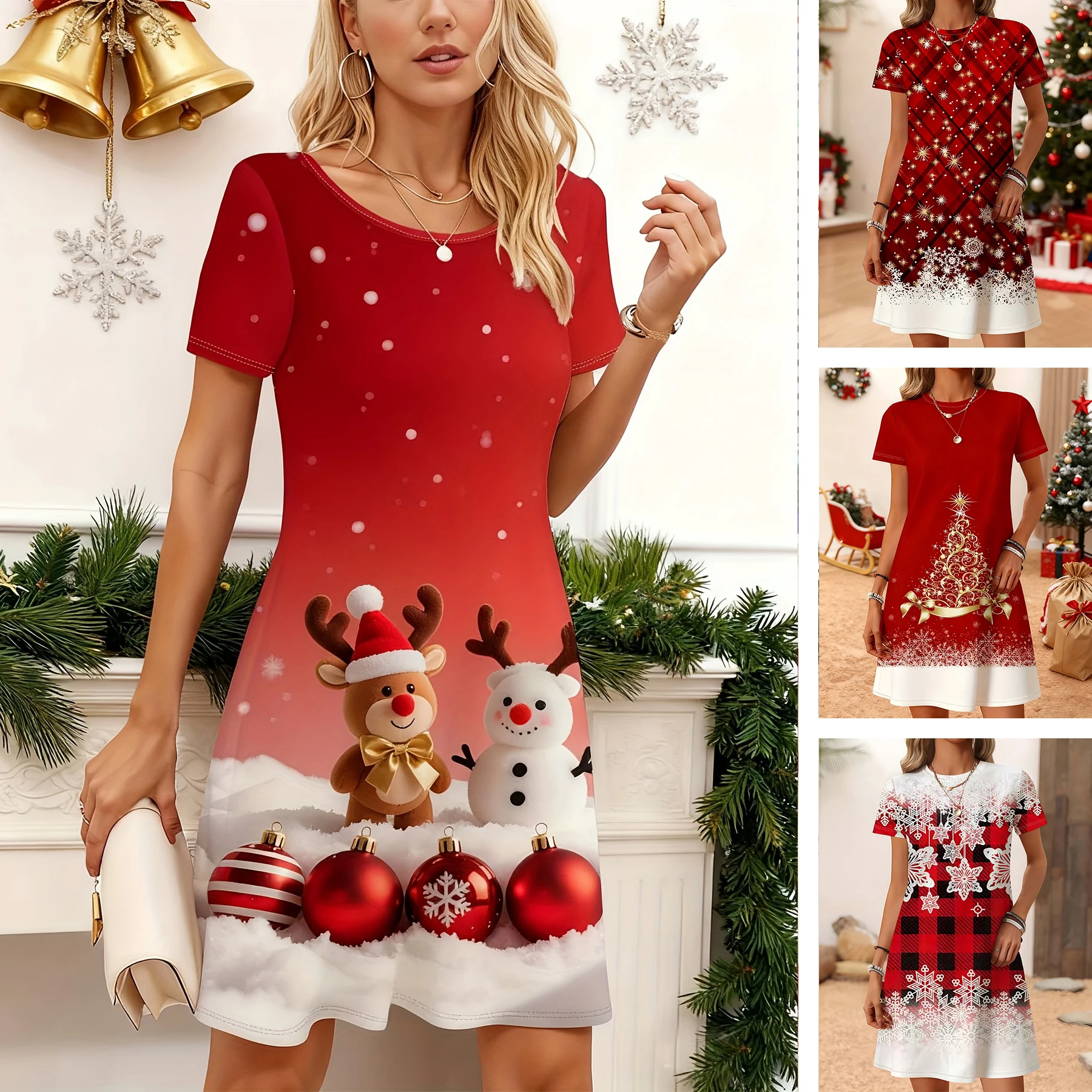 Women's Red Christmas Print Maxi Dress Santa Reindeer Snowflake Design New Year's Dress Short Sleeve A-Line Holiday Party Dress