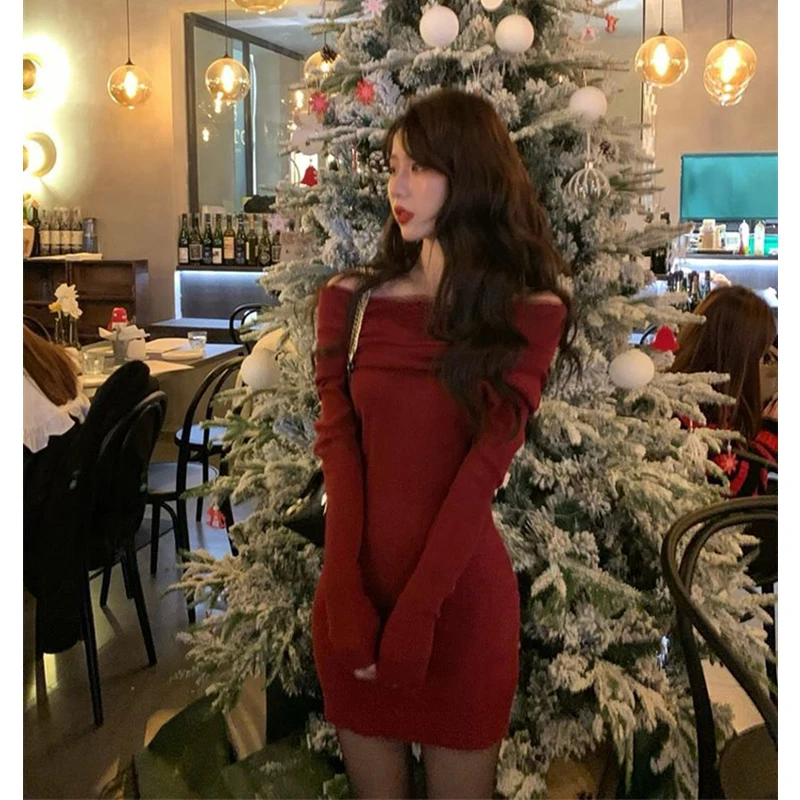 Vintage Red Knitted Mini Dress Women Christmas Sexy Slash Neck Dresses Winter Korean Long Sleeve Bodycon Hip Wrap Vestidos New